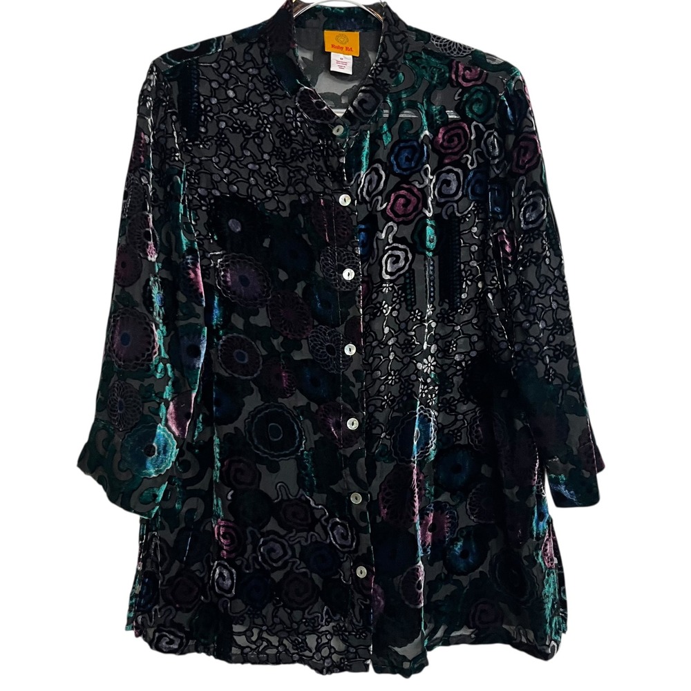 Ruby Rd Womens Burnout Velvet Floral Blouse Teal Purple Sheer Button Up Size 12